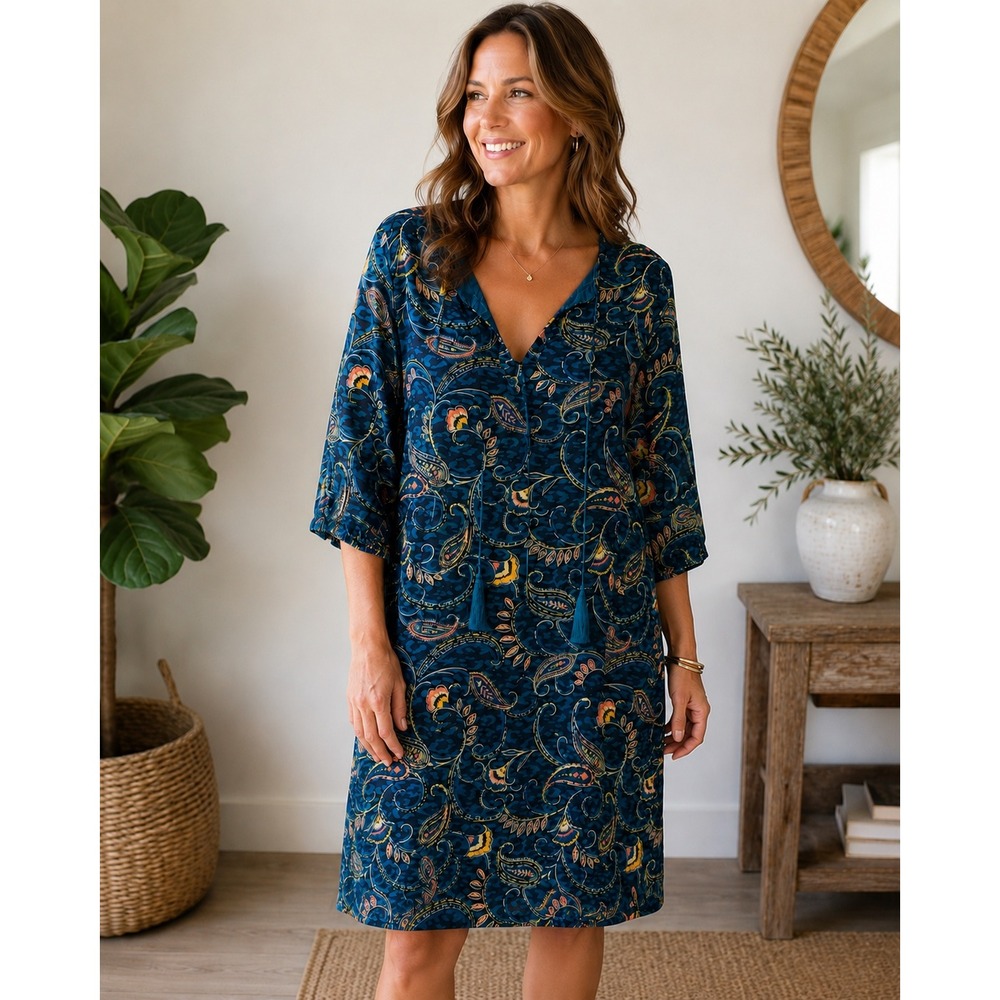 Johnny‎ Was Jade Silk Tunic Dress S Teal Paisley Tassel Boho R32721-8